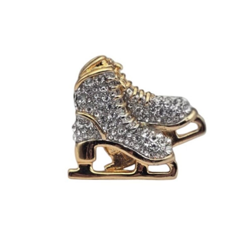 Rhinestone Ice Skates Brooch – Gold-Tone & Sparkling Crystals